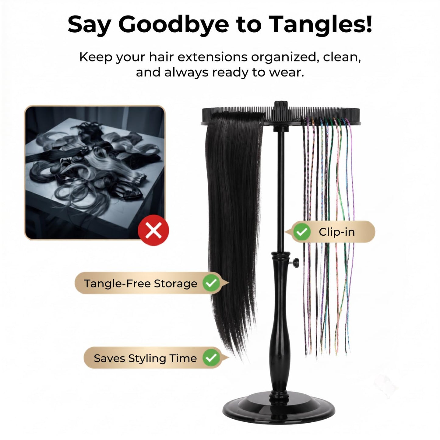 lightmay Adjustable Hair Extension Stand with Comb Disc for Clip-Ins, Black