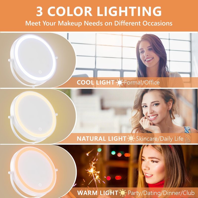 Auxmir 8'' Wall Mounted Lighted Makeup Mirror, 3200mAh Rechargeable Double-Sided 1X/20X Magnifying Mirror with Light, Touch Dimmable 3 Color Light, 360° Rotation Foldable Extended Arm, White