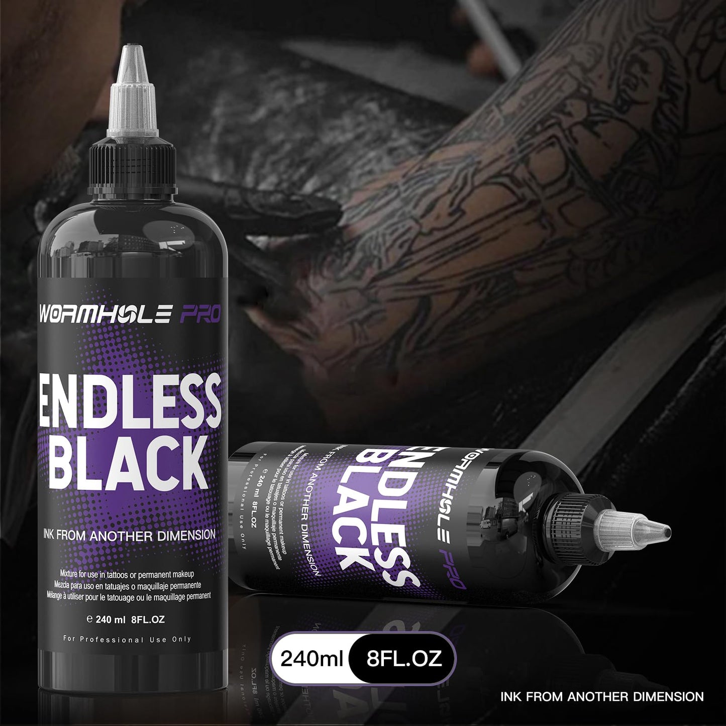 WORMHOLEPRO Black Tattoo Ink - Endless Black Ink, Long Lasting Vivid, Vegan Pigment for Old School, Tribal Tattoos (8 oz Bottle)
