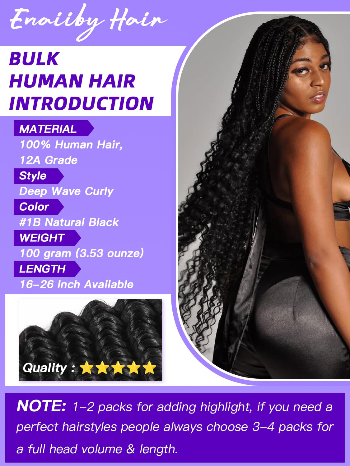 Enaiiby Boho Human Hair Braiding Hair 100g 18 Inch, Deep Wave Curly Human Hair Bundles for Boho Knotless Braids Bulk Hair, 12A No Weft 100% Unprocessed Brazilian Virgin Hair, Naural Black