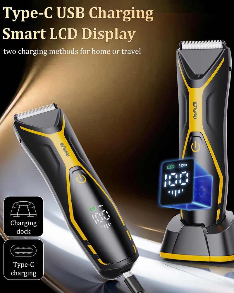 Electric Body Hair Trimmer for Men - Type-C Rechargeable Groin Groomer with LED Light | Fast Charge, Black & Yellow