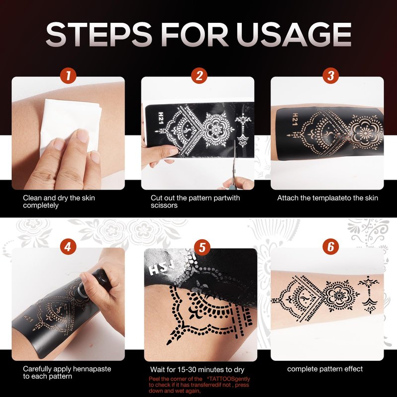 10 Sheets Henna Tattoo Stencil Kit - Temporary Tattoo Stencils for Hands and Forearm, Indian Inspired Designs - Self-Adhesive Tattoo Stickers