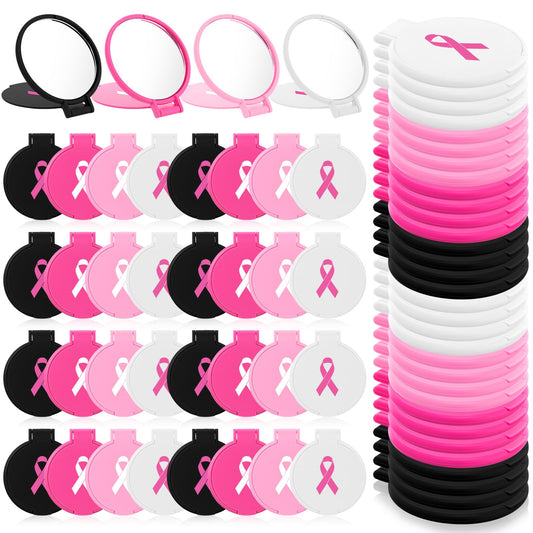 Geetery 100 Pcs Breast Cancer Awareness Mini Mirrors Bulk Pink Ribbon Compact Folding Makeup Mirror Breast Cancer Awareness Accessories Gift for Women Friends Party Supplies, 4 Colors