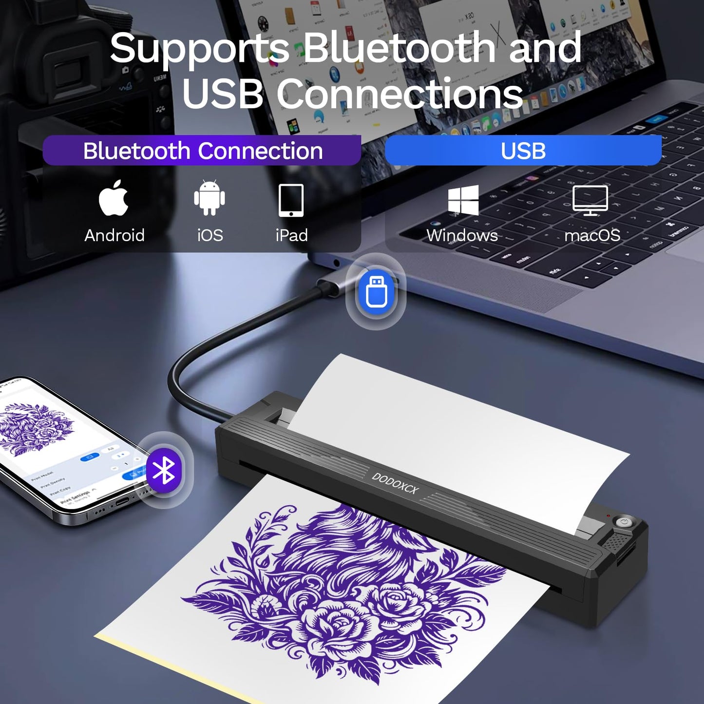 Tattoo Stencil Printer Machine,2026 Upgraded Portable Thermal Wireless Bluetooth Printer for Tattoo Artists&Beginners,with 3 Pcs of Transfer Paper and Thermal Paper,Compatible with Phone&PC (T18)