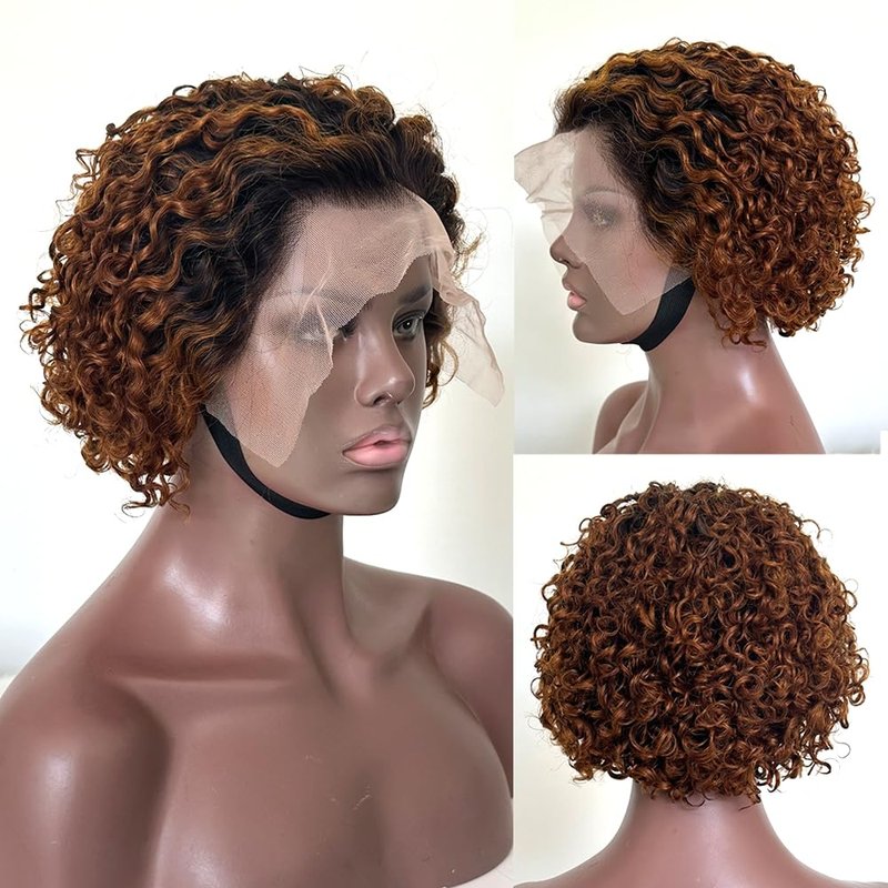 Topnormantic Short Curly Wigs for Black Women Human Hair 13x4 Ombre Honey Blonde Curly Lace Front Wigs Wigs Pre Plucked with Baby Hair 12A Brazilian Virgin Hair Glueless Pixie Cut Curly Wigs 6 Inch