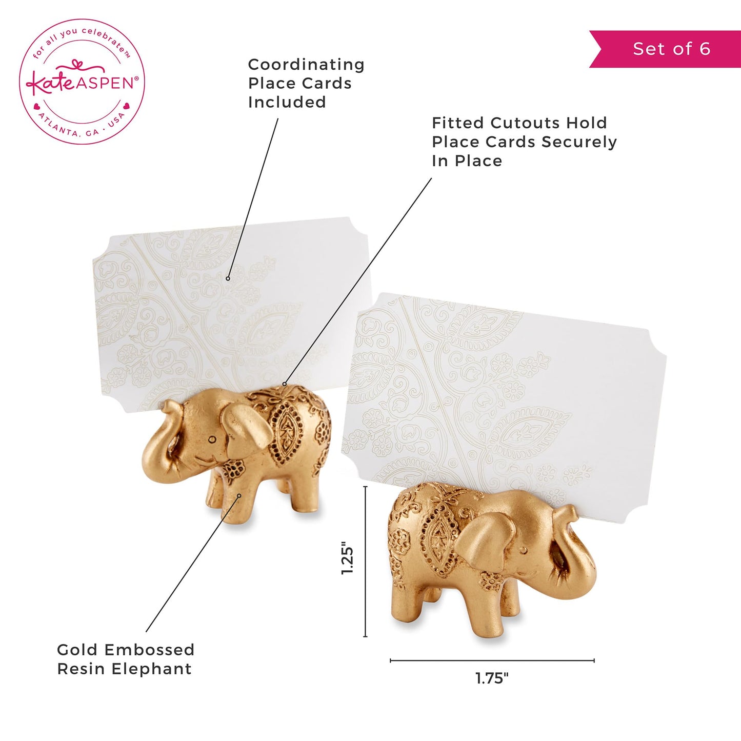Kate Aspen Lucky Golden Elephant Place Card Holders, Photo Holders, Party Favors, Indian Wedding Decorations, Placecards, Place Setting, (Set of 6)