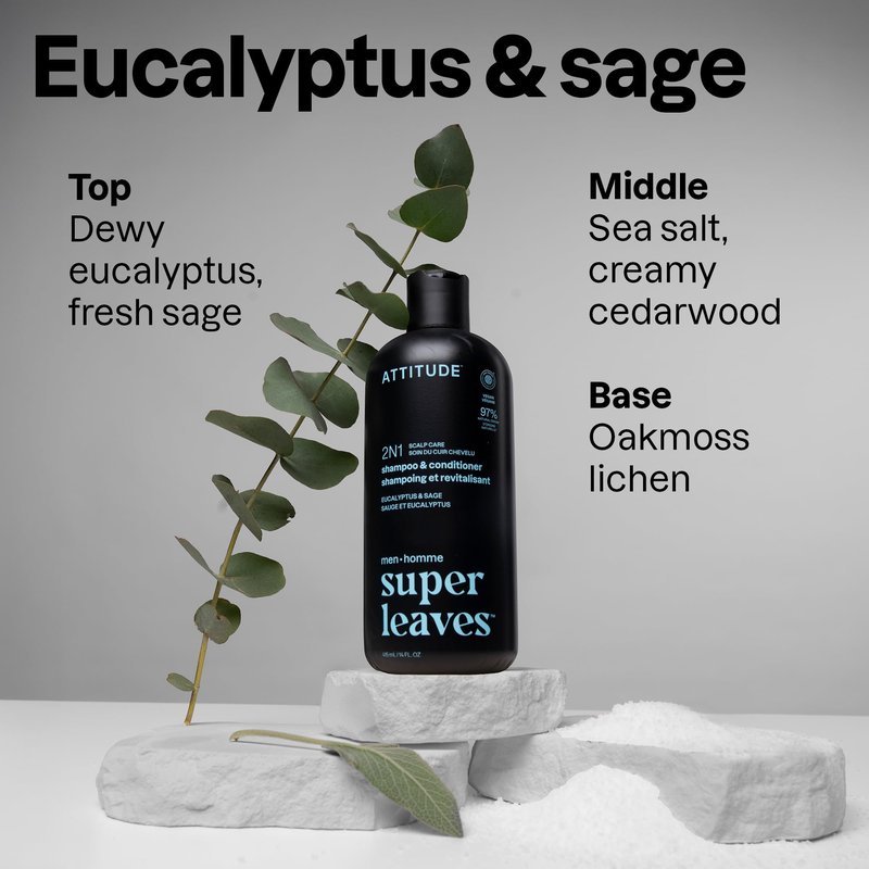 ATTITUDE Men's Shampoo and Conditioner 2-in-1, Scalp Care for Build Up & Oily Hair, Refresh With Peppermint & Willow Extract, 97% Natural Origin Ingredients, EWG Verified, Eucalyptus & Sage, 14 Fl Oz