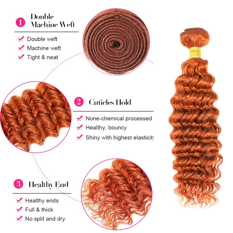 Ginger Bundles Human Hair - 350 Deep Wave Remy Hair Extensions | 8-10-12 Inch Orange Bundles for Women