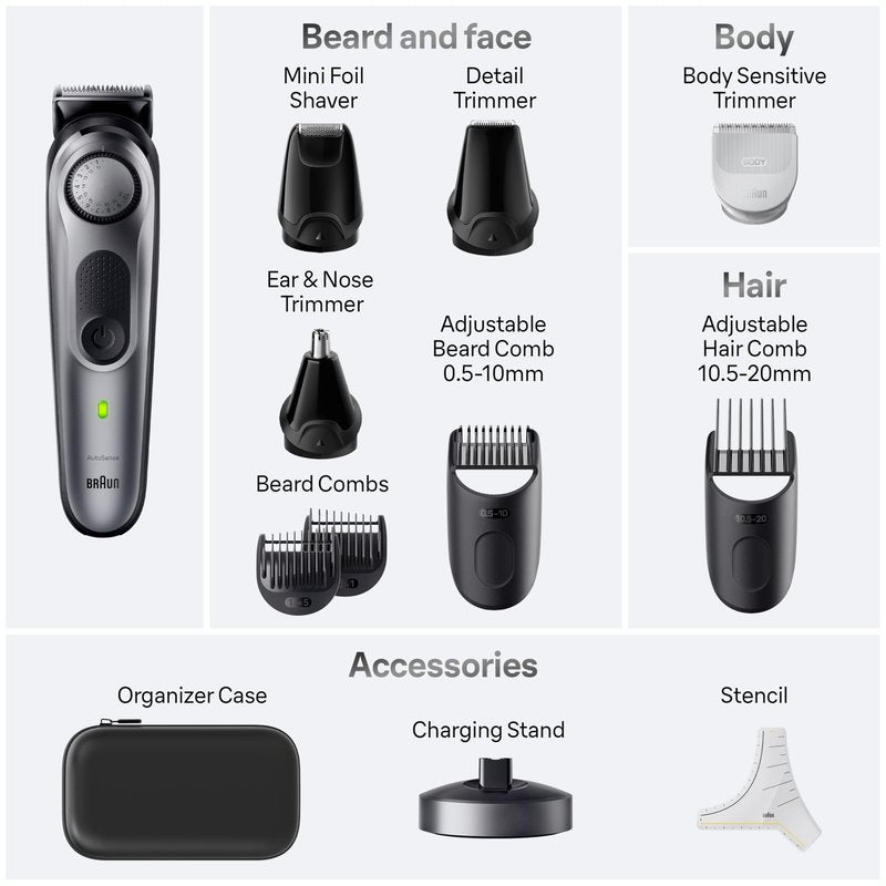 Braun All-in-One Style Kit Series 7 7410, 8-in-1 Trimmer for Men with Beard Trimmer, Body Trimmer for Manscaping, Hair Clippers & More, Sharpest Blade, 40 Length Settings, Waterproof
