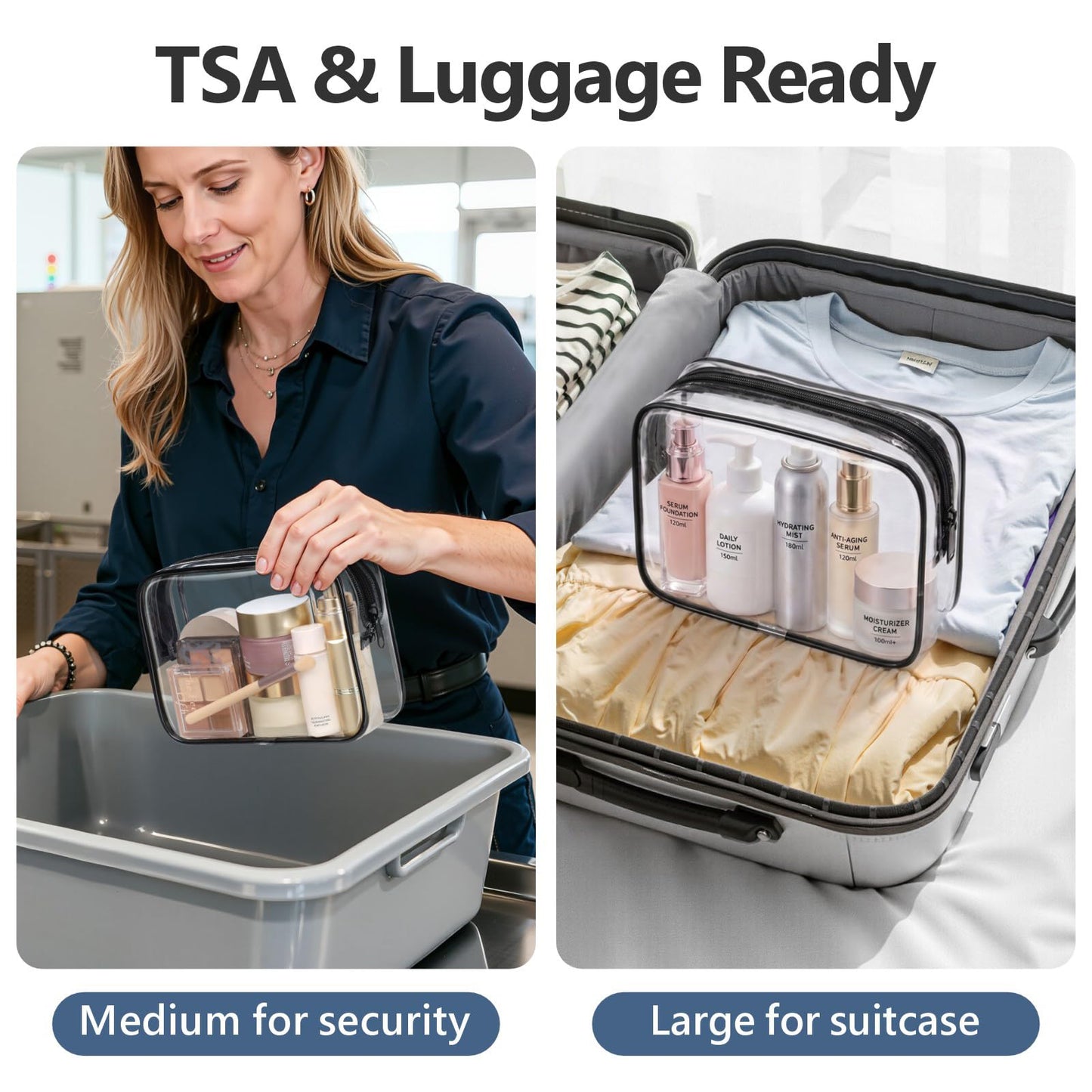 PACKISM Clear Makeup Bag for Travel - TSA Approved Toiletry Bag, 2 Black