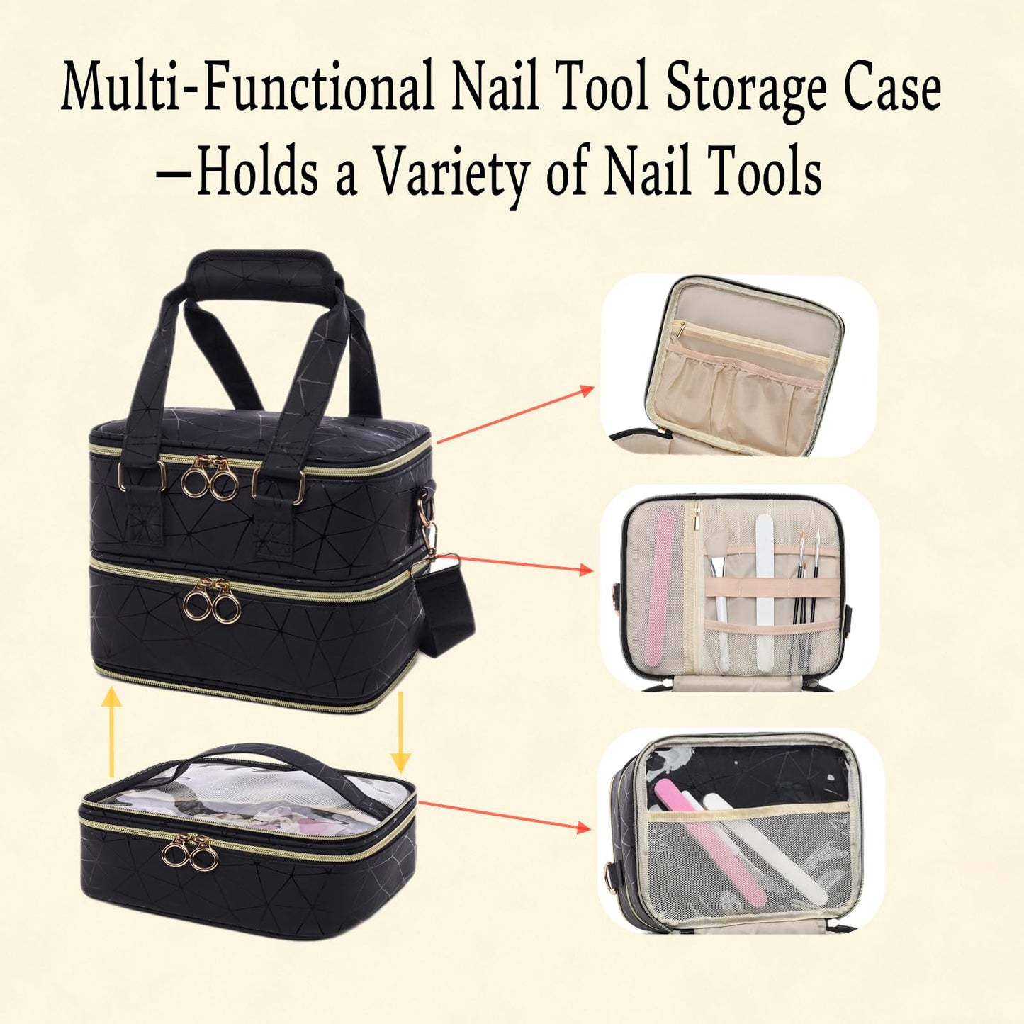 Wifeassistant 3 Layers Nail Polish Organizer Bag - Holds 60 Bottles,Portable Travel Case with Shoulder Strap,Nail Tech Kit Storage,Versatile Cosmetics Case,Detachable,Waterproof,Gifts for Women