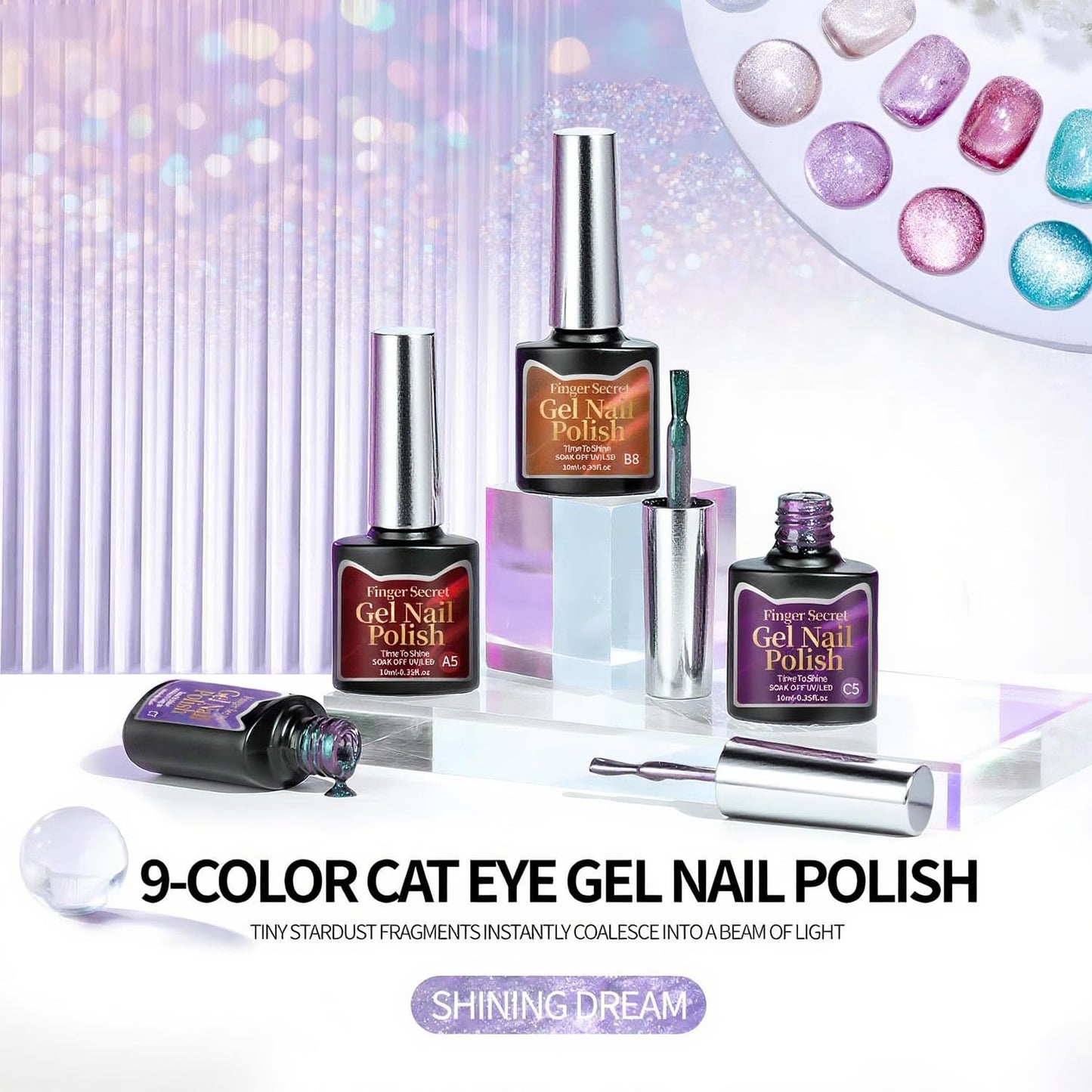 finger secret 10ml Gel Cat Eye Nail Polish Kit - 9Pcs Cat Eye Magnetic Nail Polish With Magnetic Iron Rod Double Ended Nail Tool, Long-Lasting and Non-Fading Creating Fashionable Manicures