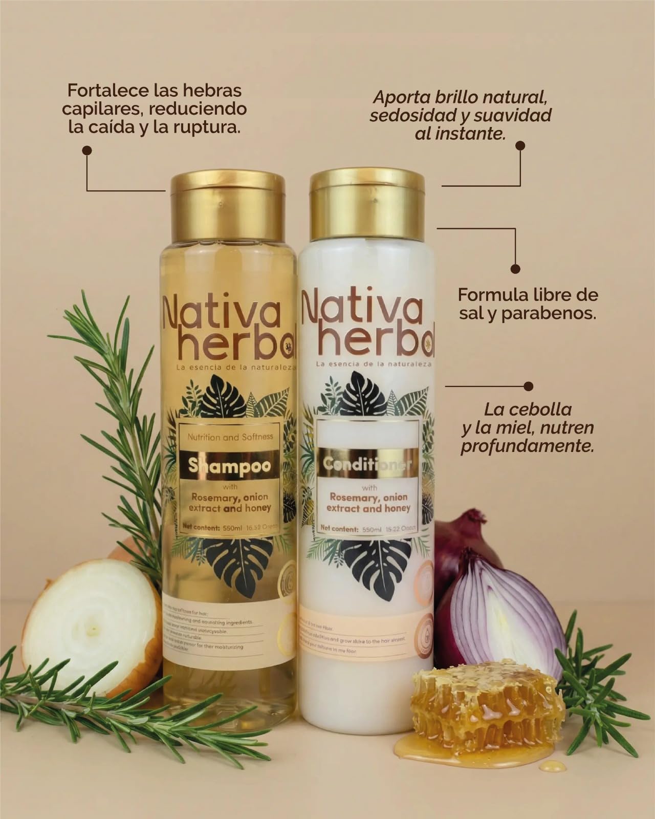Nativa Herbal Rosemary and Onion Shampoo & Conditioner – Hair Growth and Anti Hair Loss Set, Organic 18.5 fl oz Each, Strengthens Roots, Restores Shine, Paraben Free Natural Hair Care