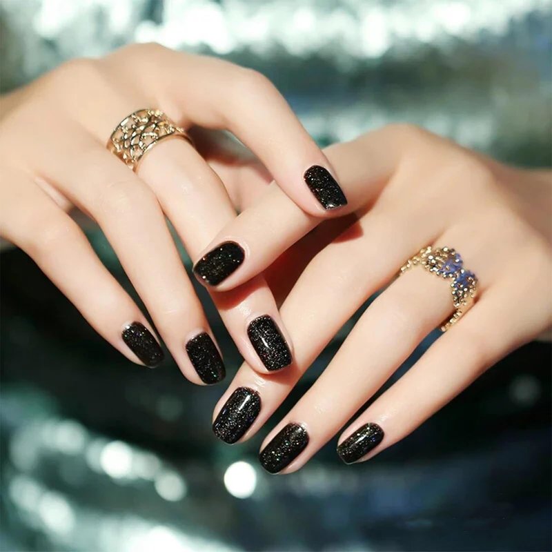 COSMOO Black Glitter Quick Dry Nail Polish 12ml, Shimmer Chip Resistant DIY Nails Art for Ladies, Vegan, Fast Drying, Streak, Long Lasting
