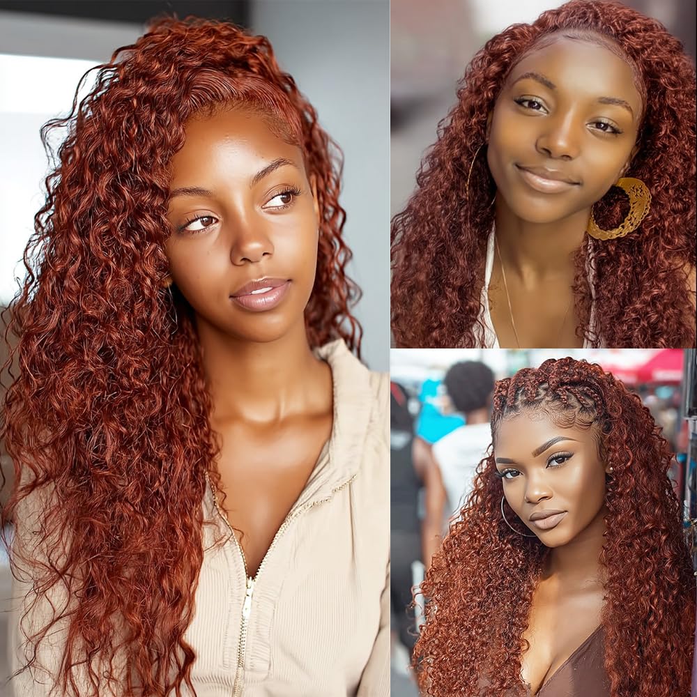 QEUOPE Auburn Kinkycurly Bundles Human Hair Color 33 Reddish Brown Deep Curly Wet and Wavy Bundles Double Weft Brazilian Hair Extensions Silky and Soft for Women (8 10 12 inch 3 Bundles)