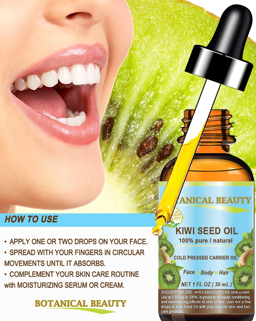 Kiwi Seed Oil - 100% Pure Natural Cold Pressed Carrier Oil for Face, Skin, Hair & Nails | 2 Fl Oz