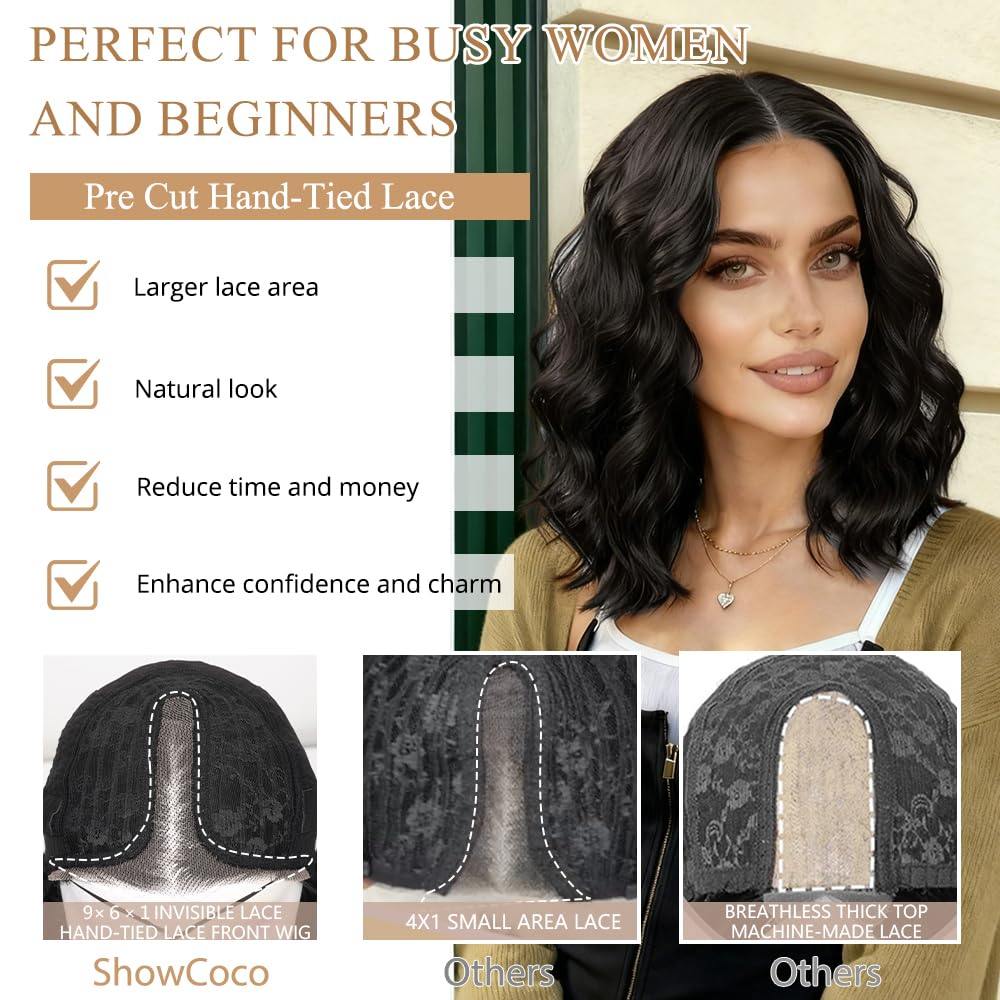Brown Wig for Women Pre Cut Hand-Tied Lace Short Wigs for Women Wavy Natural Hairline Middle Part Hair Replacement Wigs for Beginners 14 Inch Natural Bob Style Synthetic Wig 3 Seconds Wear for Daily