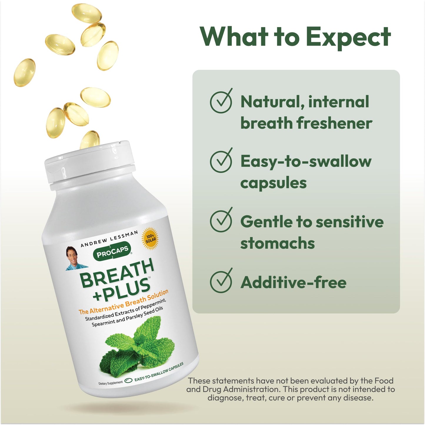 ANDREW LESSMAN Breath Plus 180 Softgels - Natural Breath Freshener, Helps Eliminate Odors from Food, Smoking, Morning Breath from The Inside Out. Peppermint, Spearmint. Easy to Swallow Softgels