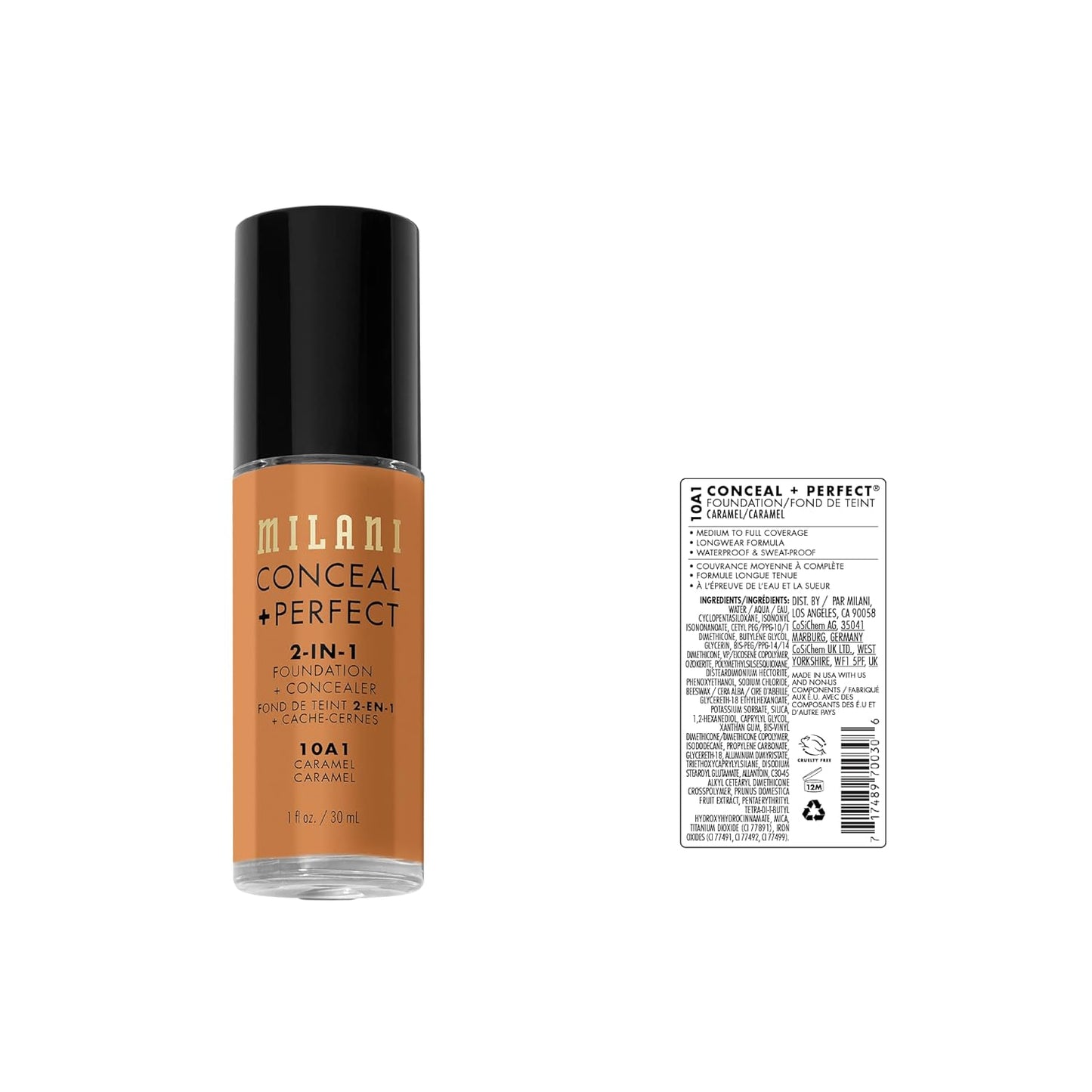 Milani Conceal + Perfect Foundation - Caramel | Cruelty-Free Liquid, Full Coverage, 1 Fl. Oz.