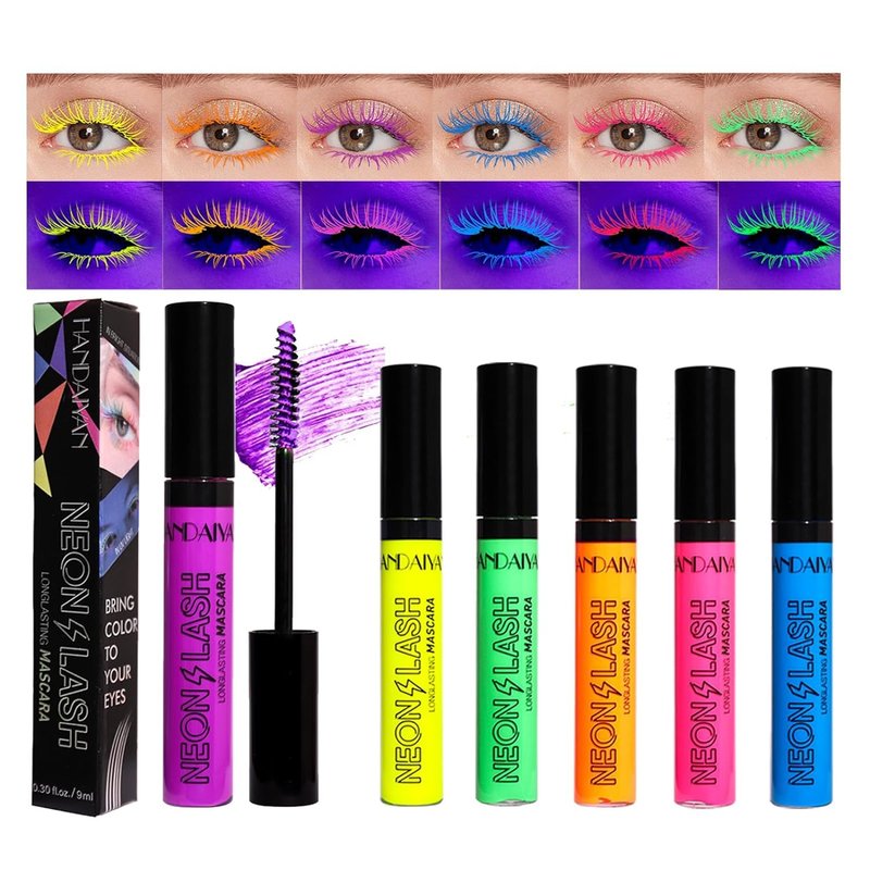 MAEPEOR Neon Mascara 6 Colors Blacklight Eyelash Waterproof and Smudgeproof Longlasting Fluorescent Mascara for Daily Wear and Halloween Christmas (Set 01)