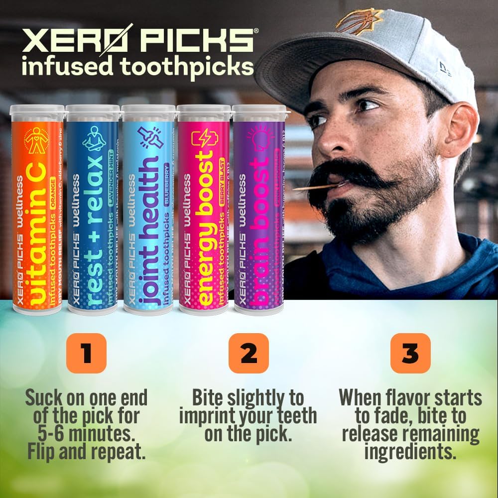 Xero Picks Wellness Toothpicks - Brain Boost & Immunity Support | 100 Sugar-Free Picks (5 Flavor Variety)