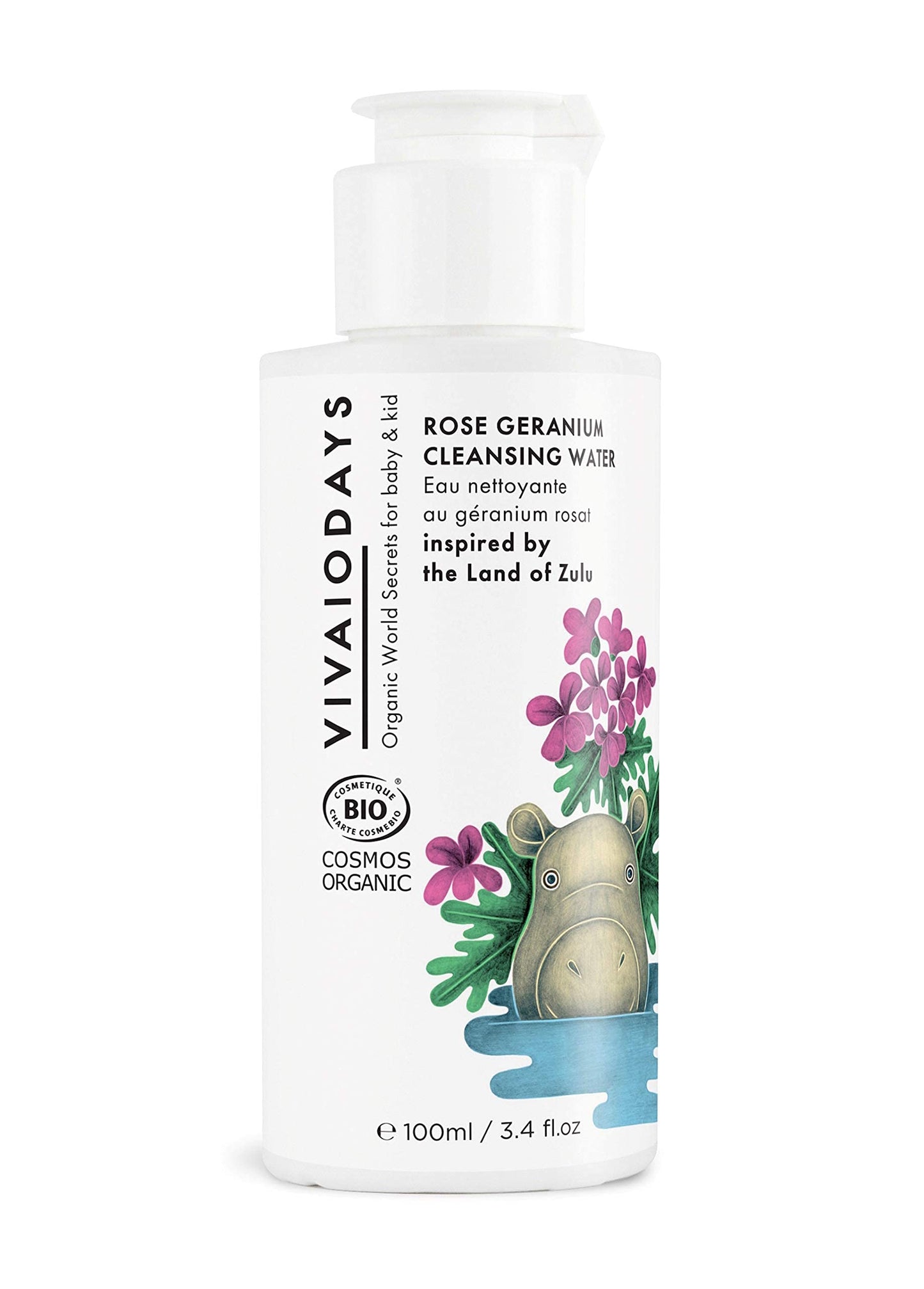 VIVAIODAYS Organic Rose Geranium Cleansing Water -Quick Clean up for Baby & Gentle Makeup Remover (3.4 oz | 100 ml)