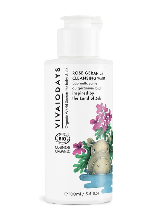 VIVAIODAYS Organic Rose Geranium Cleansing Water -Quick Clean up for Baby & Gentle Makeup Remover (3.4 oz | 100 ml)