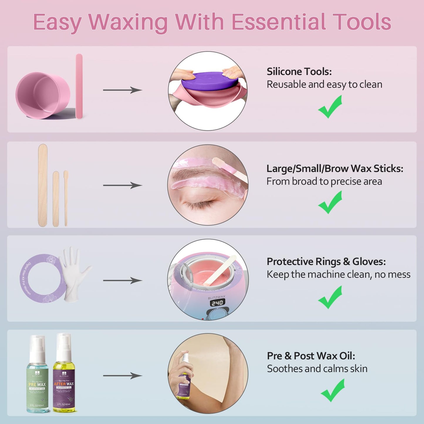 BLITZWAX Brazilian and Bikini Waxing Kit for Women, Hard Wax Warmer for Face, Legs and Body, At Home Hair Removal Kit, Beginner Friendly, Quick Heating, Pink and Blue Gradient Color