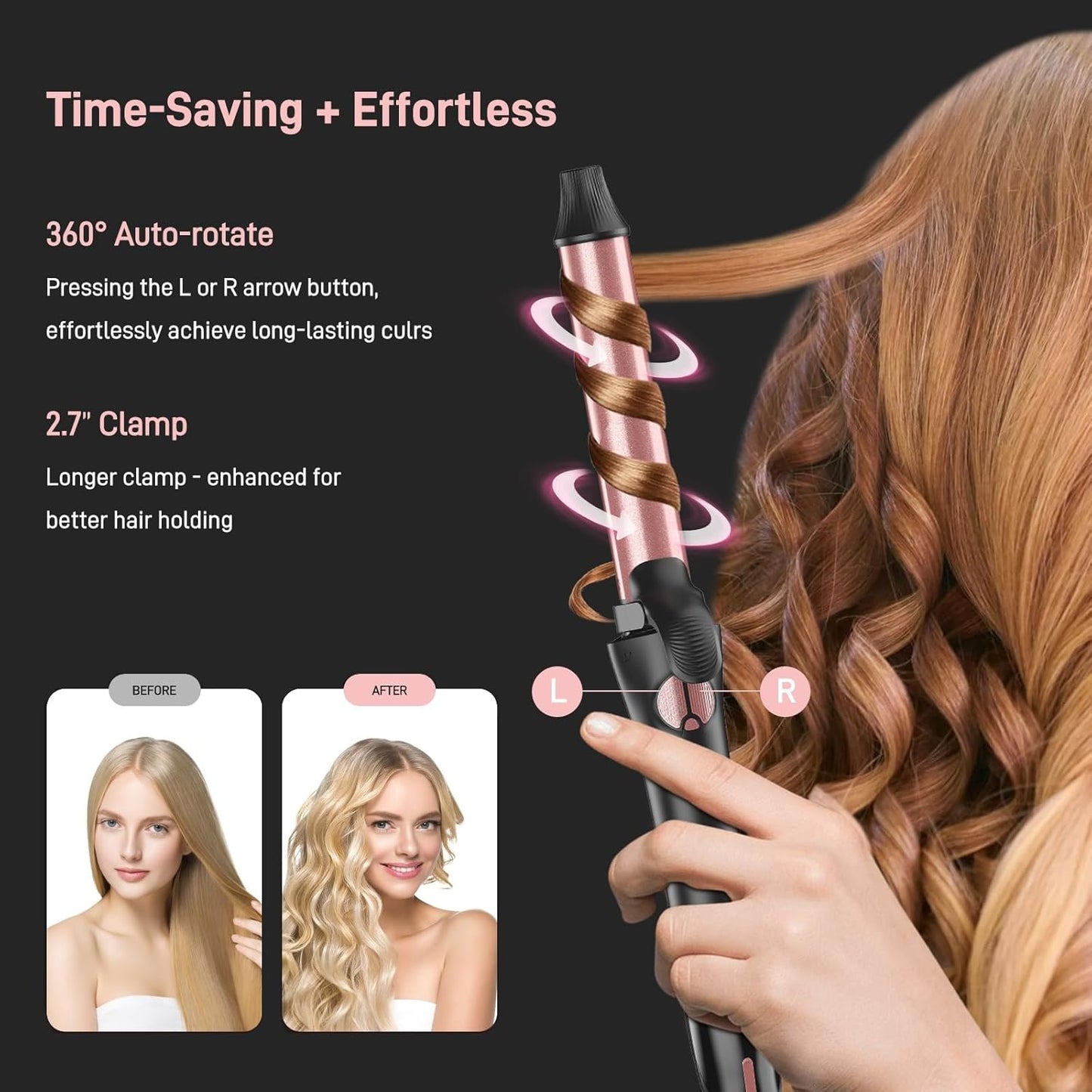 Automatic Curling Iron - 3-in-1 Interchangeable Curling Wand for Lasting Beach Waves | Adjustable Temp, Dual Voltage, Rose Gold