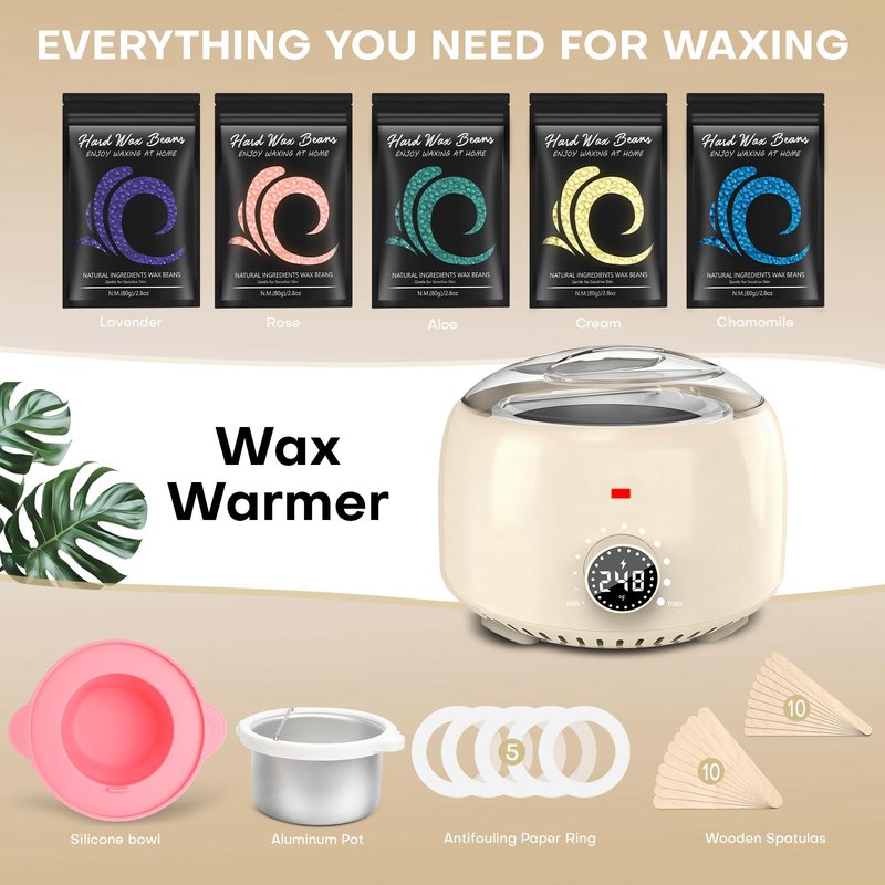 TIKESI Waxing Kit for Women and Men, Digital Wax Warmer with 14OZ 5 Bags Hard Wax Beads, at Home Wax kit for Full Body, Face, Eyebrows, Bikini, Legs, Brazilian & Sensitive Skin
