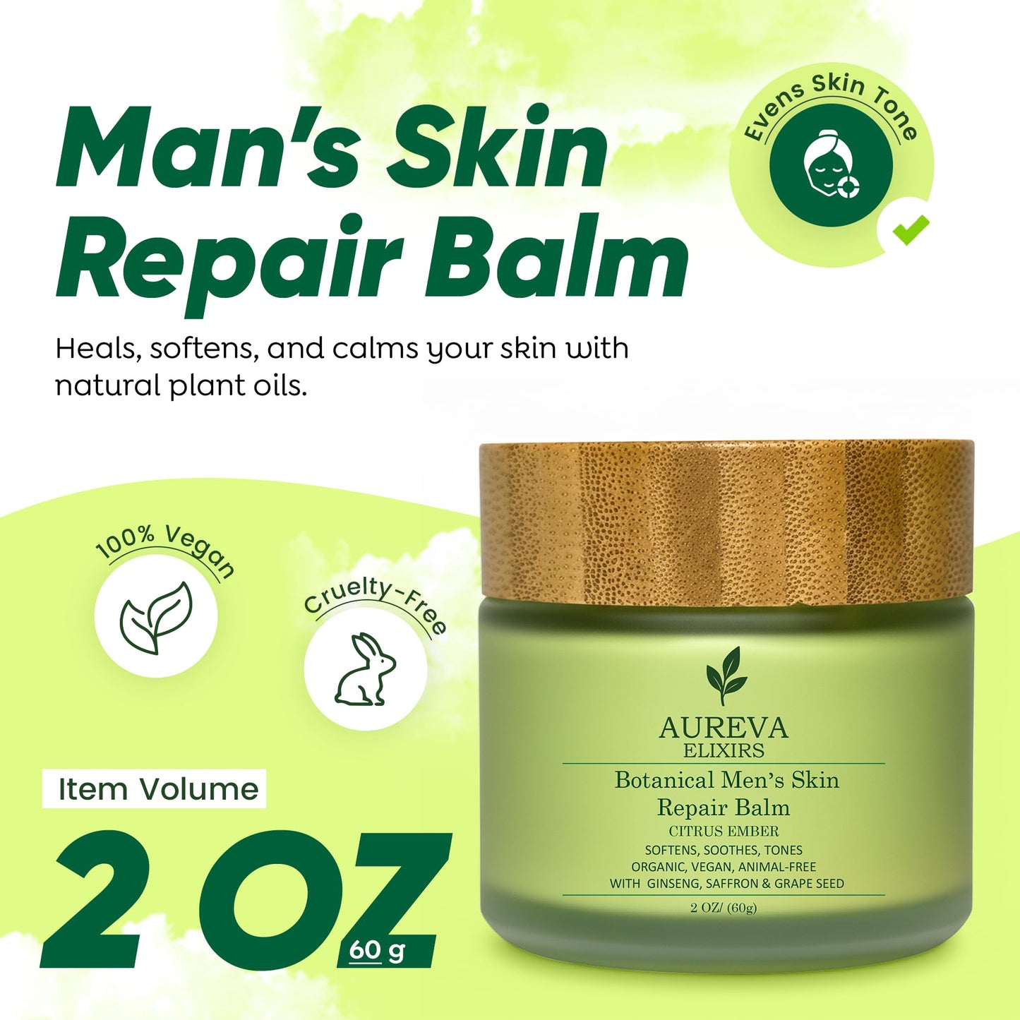 AUREVA ELIXIRS Men's Skin Moisturizer Balm – US Handmade Botanical Balm Face & Body For All Skin Types – Botanical cleansing cream for Everyone full Day Moisturize - Ember Citrus Scent, 2oz