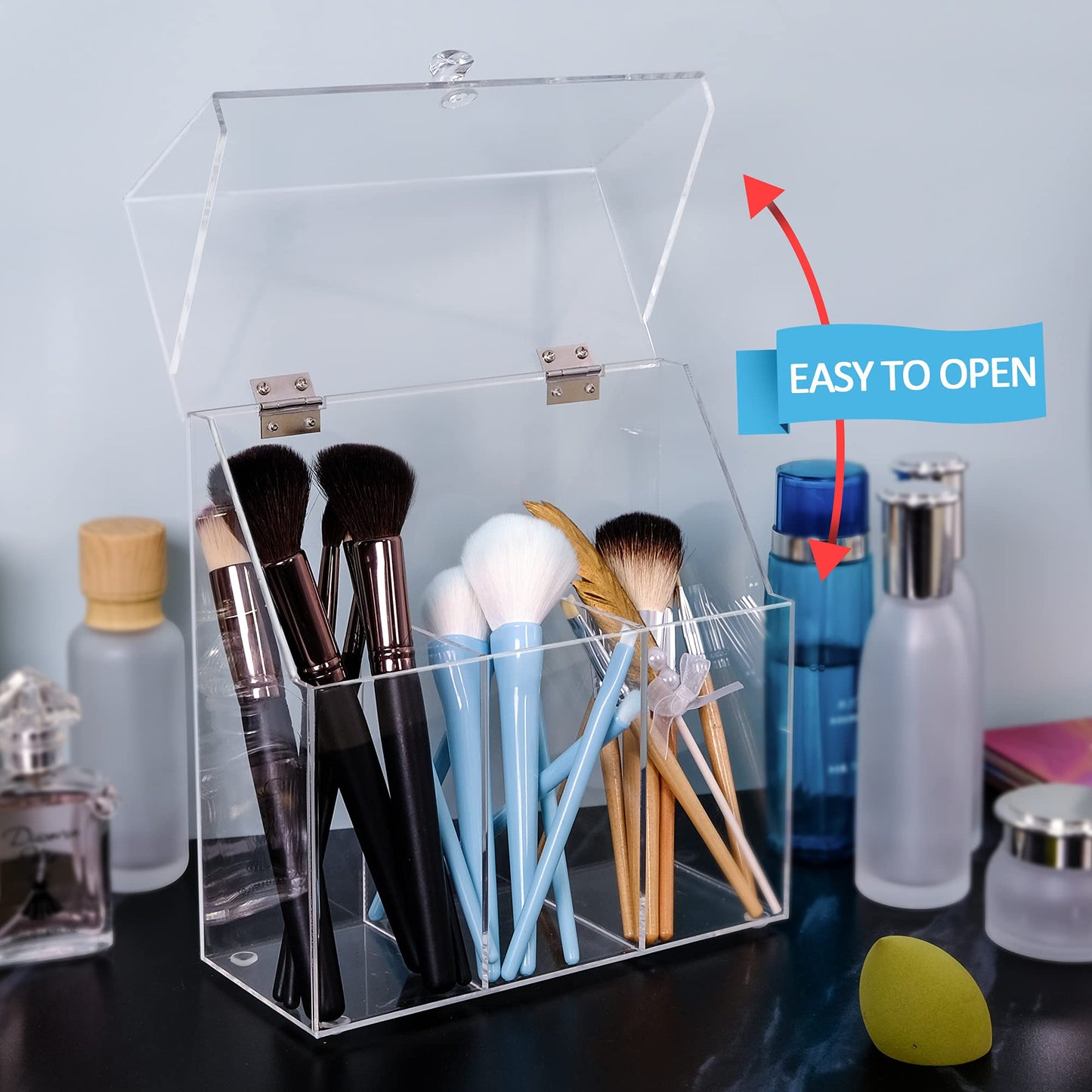 weddingwish Makeup Brush Holders With Cover, Dust-Proof Lid, Acrylic Makeup Storage Box, Large Capacity Brush Organizer for Dressing Table…