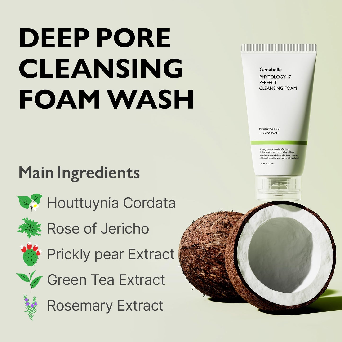 Genabelle Phytology 17 Perfect Cleansing Foam – Skin-Soothing Gentle Coconut-Derived Cleanser, Luxurious Rich Foam for Deep Pore Cleansing & Soothing Sensitive Skin