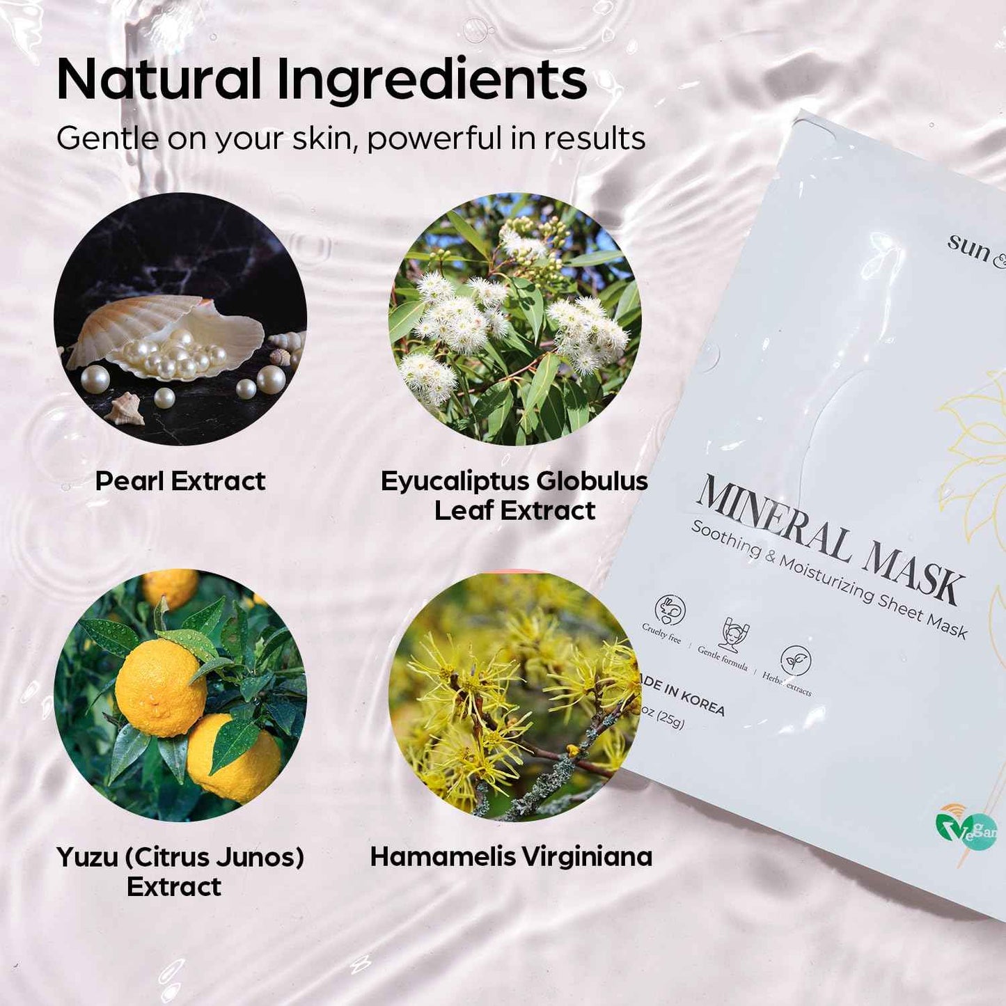 SUN & GLOW VEGAN MINERAL MASK with Pearl Extract Yuzu and Eucalyptus Using Mineral-Rich Deep Sea Water Korean Home Skincare Mask (0.88oz 25g 5Packs)