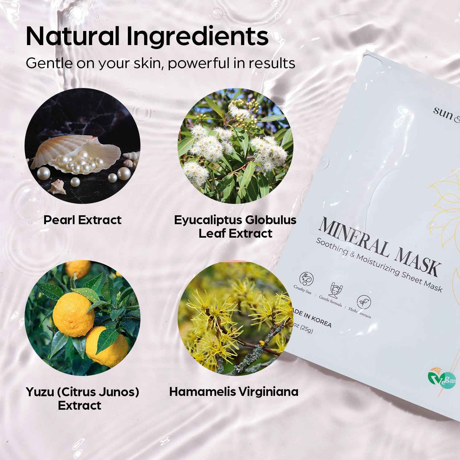 SUN & GLOW VEGAN MINERAL MASK with Pearl Extract Yuzu and Eucalyptus Using Mineral-Rich Deep Sea Water Korean Home Skincare Mask (0.88oz 25g 5Packs)