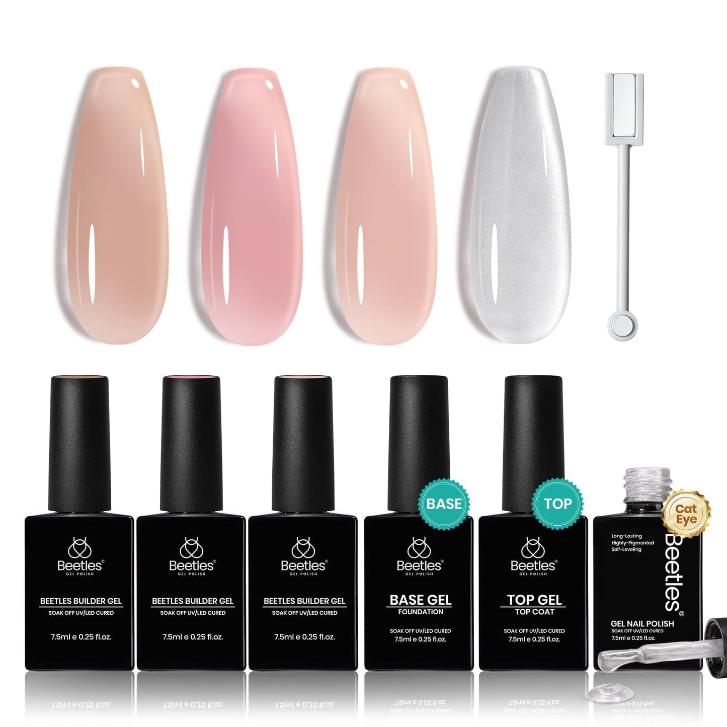 Beetles Builder Gel Set,Vitreous Radiance 3 Colors 8 in 1 Strengthening Instant Apex Building Nail Extension with Base&Top Coat for Beginners DIY Salon Silver Cat Eye Nail Polish,UV&LED Needed