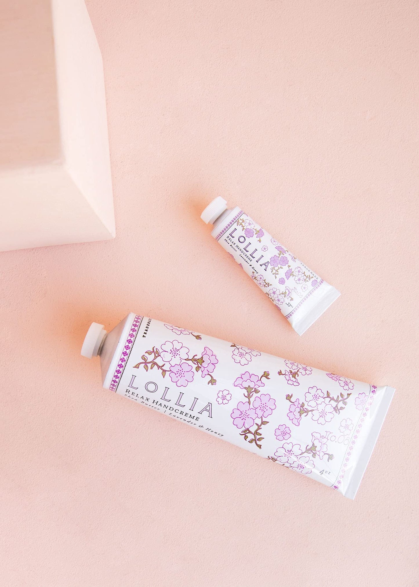 LOLLIA Relax Handcreme Bundle, 4 oz. & .33 oz. – Lavender & Honey – Scented Hand Cream for Women, Moisturizing Hand for Dry Hands, Shea & Cocoa Butter, Quick Absorbing Lotion, Travel Lotion