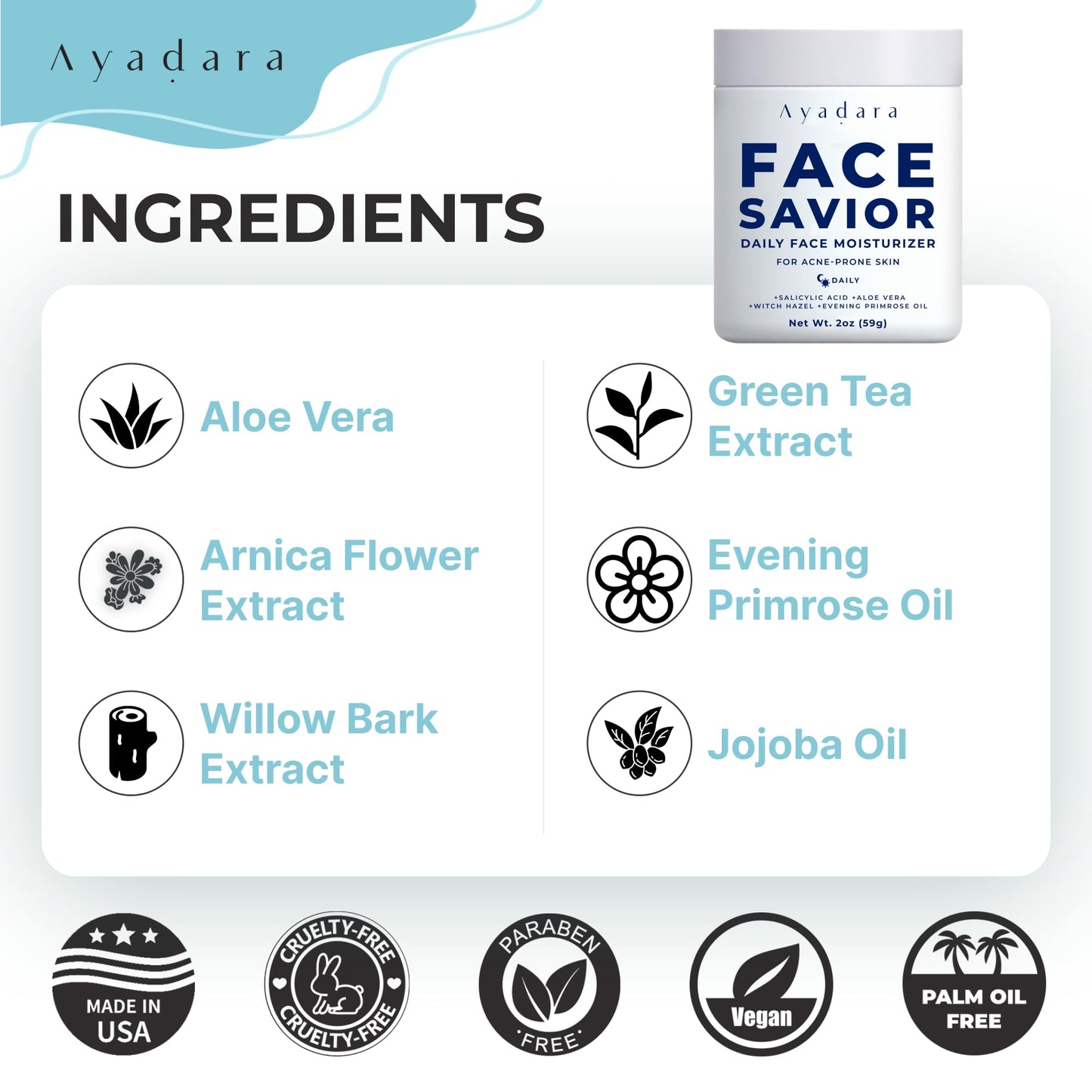 Ayadara Acne Facial Moisturizer, 2 fl oz, Advanced Oil Control Face Moisturizer for Oily Skin, Hydrating Acne Cream & Anti Acne Moisturizer for Face, Powerful Skin Care Regimen for Men & Women