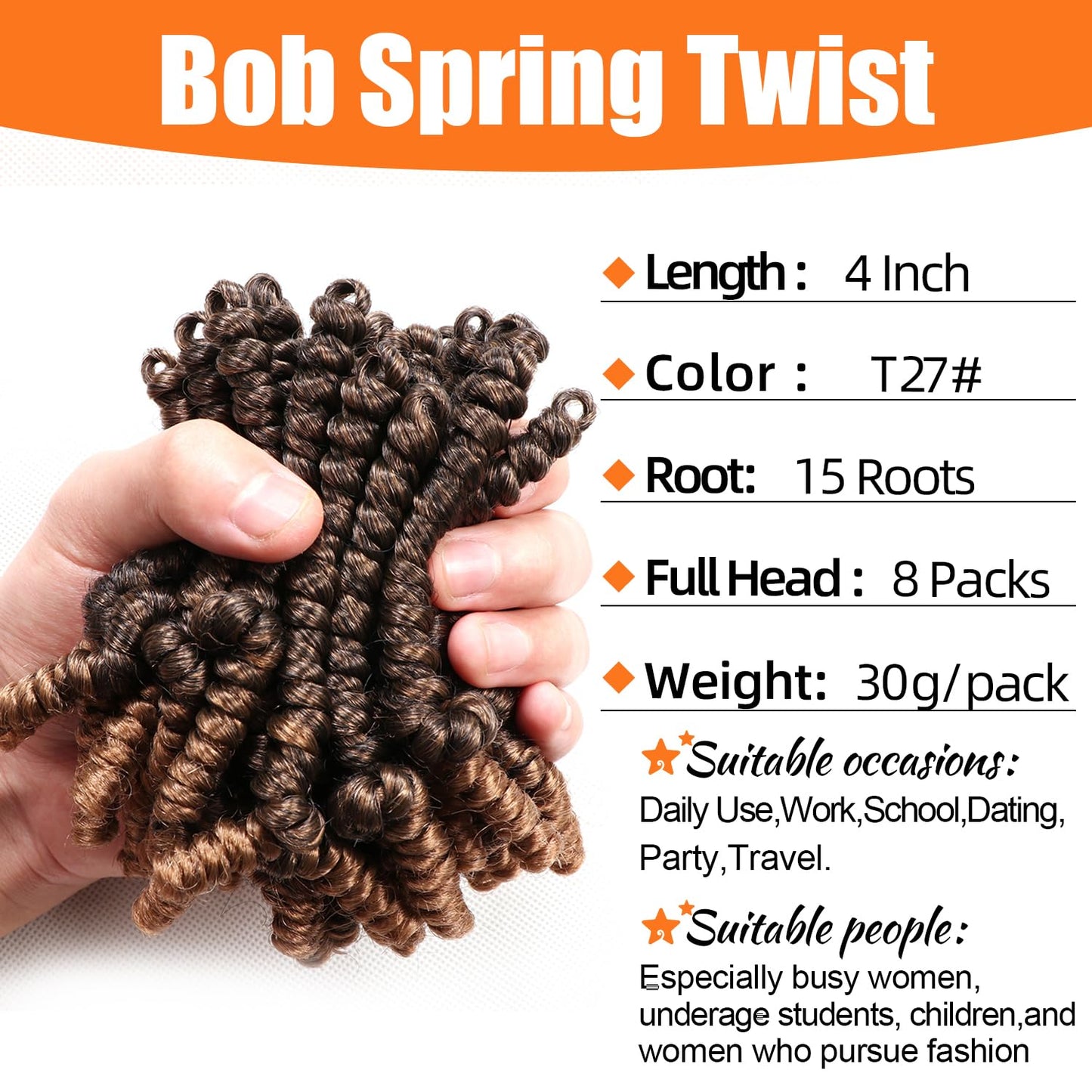 8 Packs Short Spring Twist Crochet Hair 4Inch Pretwisted Passion Twist Crochet Hair Curly Pre Looped Crochet Braids Hair Bomb Twist Kids Crochet Hair for Black Women (4 Inch, T27#)