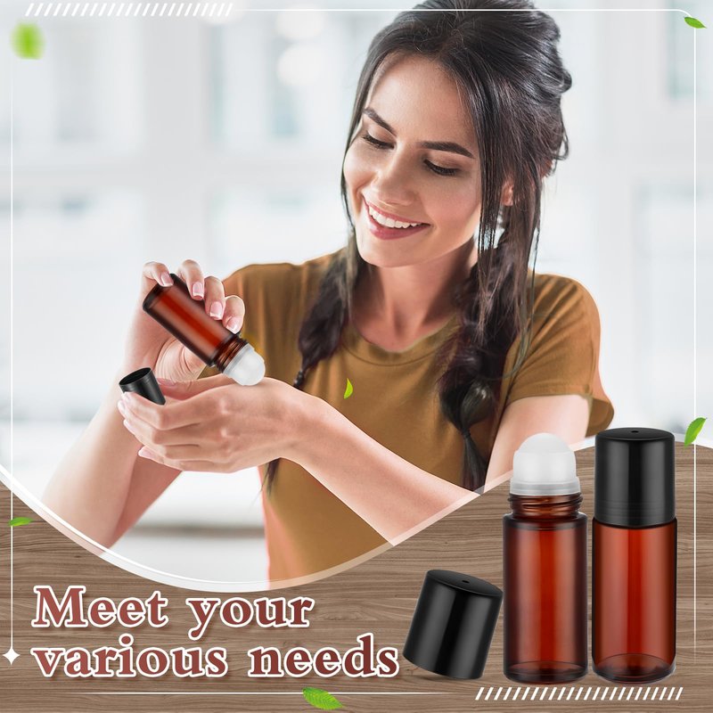 Sumind 24 Pcs Glass Roller Bottles for Essential Oil 50ml Empty Deodorant Bottle Roller Ball Container Refillable Rollerball Bottle with Plastic Balls, Funnel and Sticker (Brown)