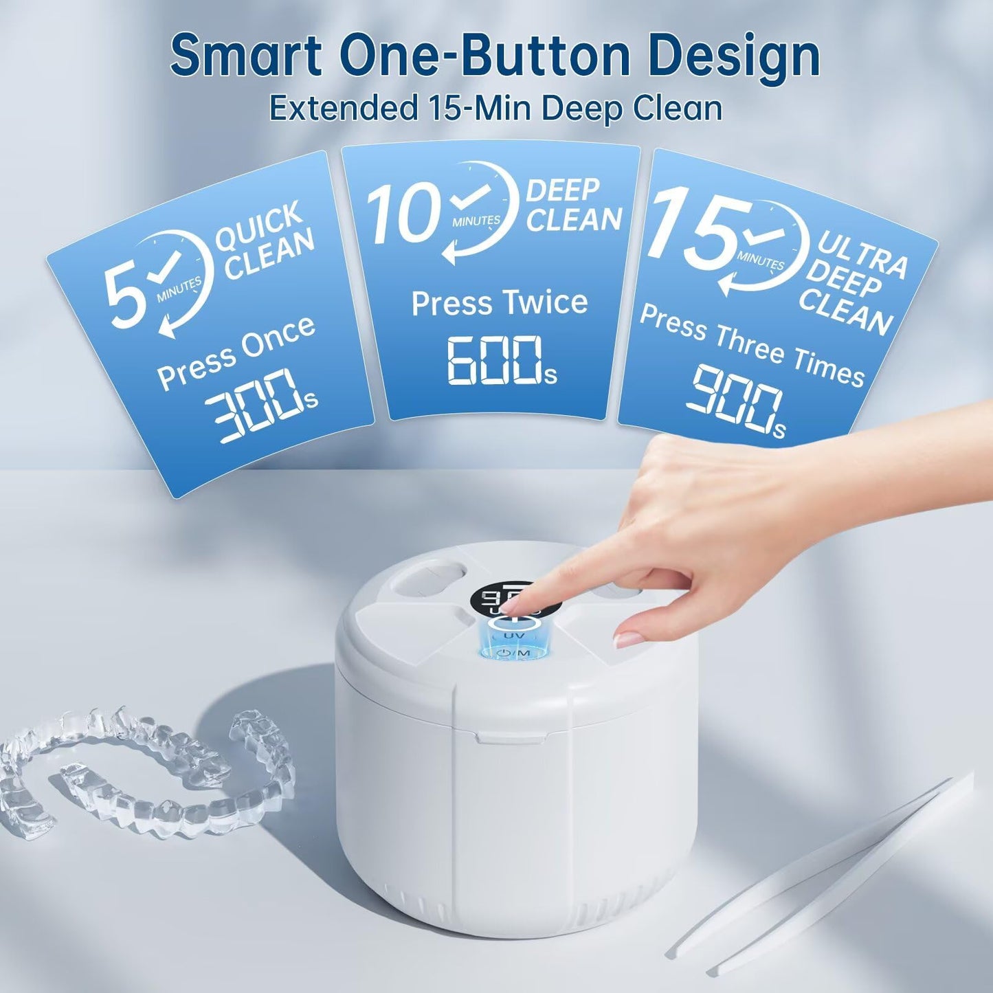 45kHz Ultrasonic Retainer Cleaner, Dental Cleaning Pod for Mouth Guard, Invisalign, Aligner, Night Guard, Braces, Toothbrush, Jewelry, Powerful Denture Cleaner Machine with Digital Timer (White)