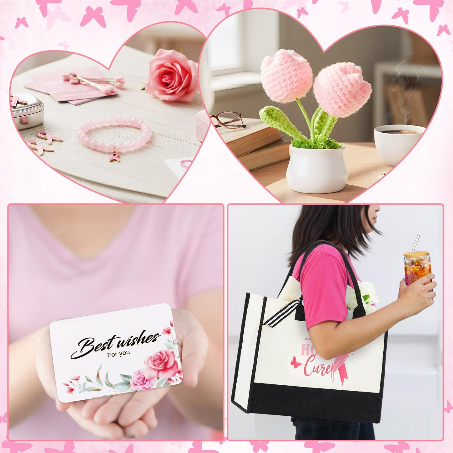 Capoda 7 Pcs Breast Cancer Gifts for Women Include Tote Bag Makeup Bag Glass Cup Card Sock Bracelet Crochet Flowers Breast Cancer Awareness Accessories Gifts Set Care Package for Survivor Patients