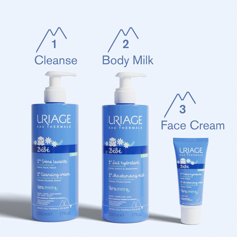 Uriage Baby Daily Moisturizing lotion with Organic Edelweiss + Shea Butter, Nourishes, Moisturizes & Soothes Skin, Non-greasy, Delicately Scented, 97% Igredients of Natural Origin