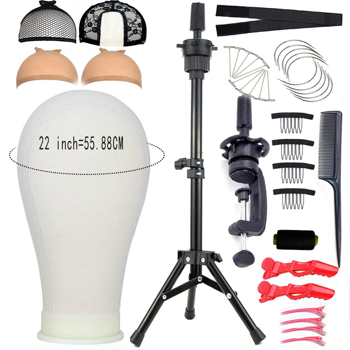 simnient 22 Inch Wig Head Mannequin Head for Wigs, Wig Stand with Head for Hair Styling Practice Display Wigs Making Tripod Stand with T Pins Set