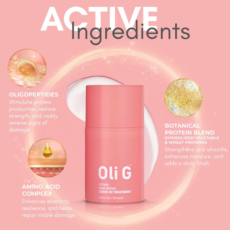 Oli G Atomic Hair Repair Leave In Treatment for Women – Anti Frizz Hair Treatment Cream with Oligopeptides & Botanical Proteins – Conditioning, Moisture & Strengthening Formula – All Hair Types – 2oz