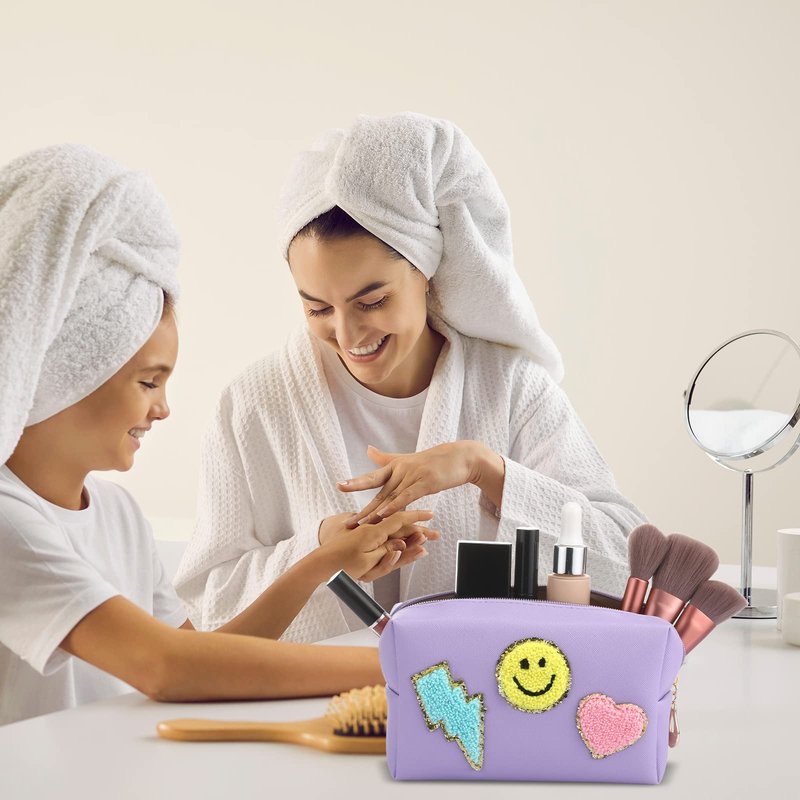 Chunful 9 Pcs Preppy Makeup Bag PU Leather Cosmetic Bag Bulk Makeup Plain Pouch Waterproof Toiletry Purse for Women Traveling Pencil Case Girl's Gift(Multicolor, Smile, Lightning, Heart)
