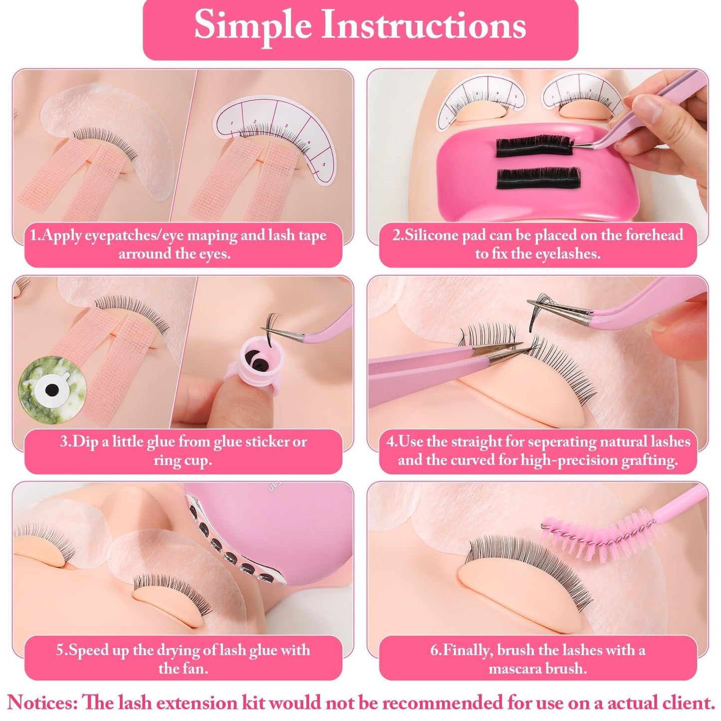 Lash Extension Practice Kit, Eyelash Extension Training Kit for Beginners, Professional Eyelash Mannequin Head Set with Lash Fan, Lash Shampoo, Glue Rings and Lash Mirror (Lashes Kit-with eye)