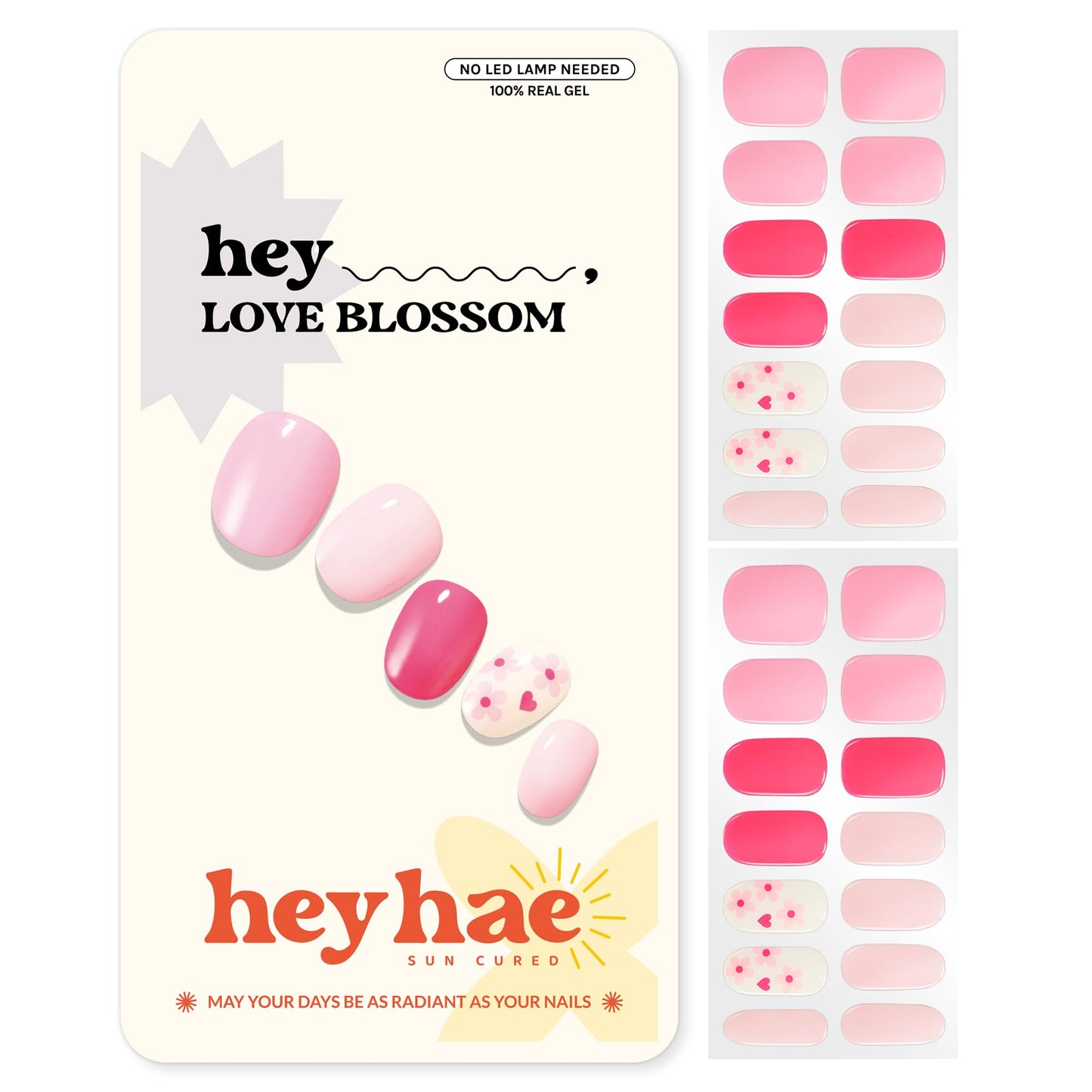 Heyhae Semi Cured Gel Nail Strips | No LED Lamp Needed | Pink, Valentines | Easy Apply & Remove, Salon Quality | Includes 28 Strips, 1 Prep Pads, Nail File & Wooden stick - Hey, Love Blossom