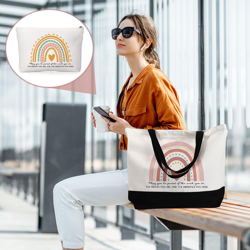 Kajaia 8 Pcs Teacher Appreciation Gift Bulk Canvas Tote Bag Cosmetic Bag Rainbow Teachers Day Thank You Gifts Graduation(Boho)