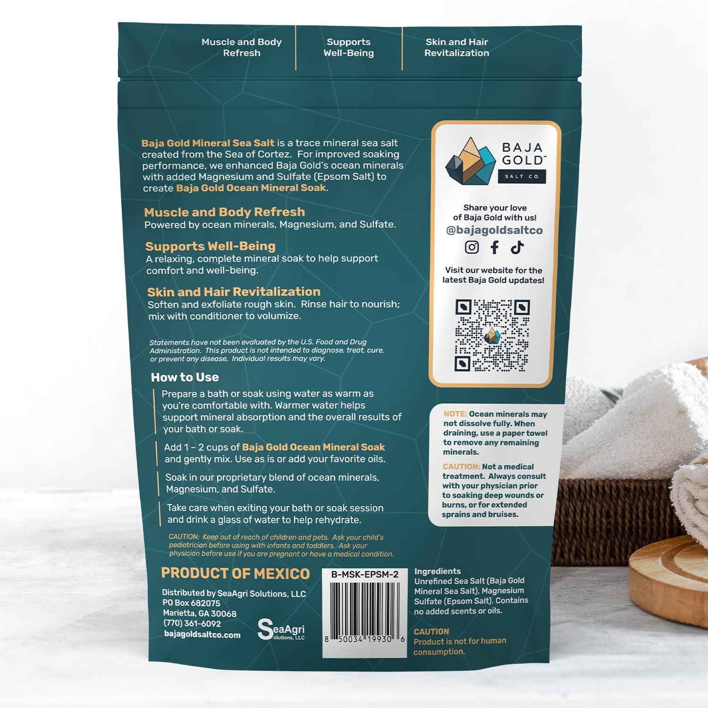 Baja Gold Ocean Mineral Soak – Natural Magnesium Bath Soak & Trace Elements | Relaxing, Clean Ingredient Soak for Bath, Muscles, Relaxation & Skin Care | Pure, Vegan, 2 Lb Resealable Bag, Unscented